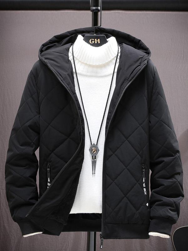 Men's Winter Jacket Pocket Zipper Hooded Quilted Jacket without Sweater & Necklace, Regular Fit Casual Long Sleeve Zip Front Outerwear for Fall & Winter, Men's Clothes for Daily Wear