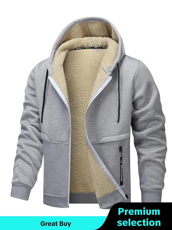 Men's Regular Fit Solid Pocket Drawstring Zipper Hooded Fleece Jacket, Casual Long Sleeve Thermal Lined Outerwear for Winter, Men's Clothes for Daily Wear, Winter Clothing Men