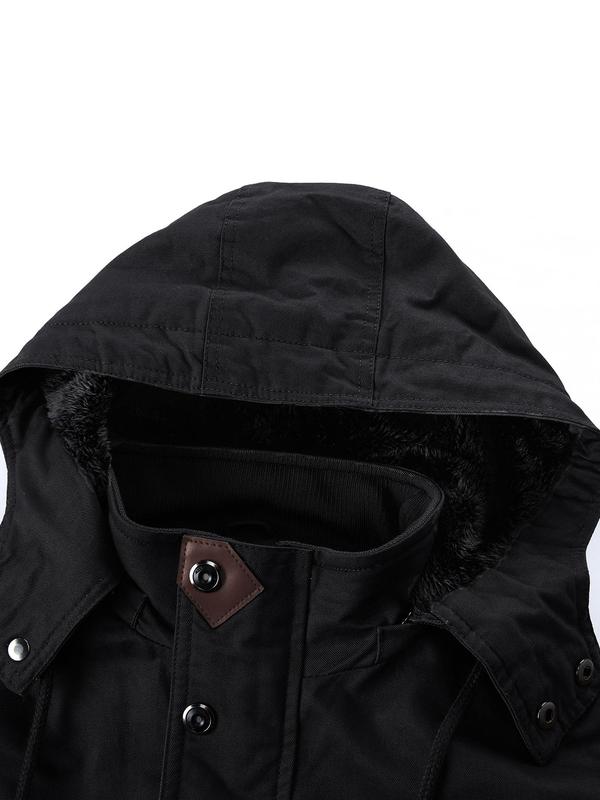 Men's Solid Button Front Pocket Drawstring Detachable Hooded Jacket, Regular Fit Casual Long Sleeve Zip Up Outerwear for Fall & Winter, Men's Clothes for Daily Wear Winter Jacket