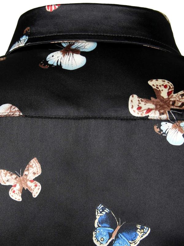 Men's Regular Fit Butterfly Print Button Front Shirt, Casual Long Sleeve Collar Top for Fall & Winter, Men's Clothes for Daily Formal Wear, Menswear, Shirts for Men