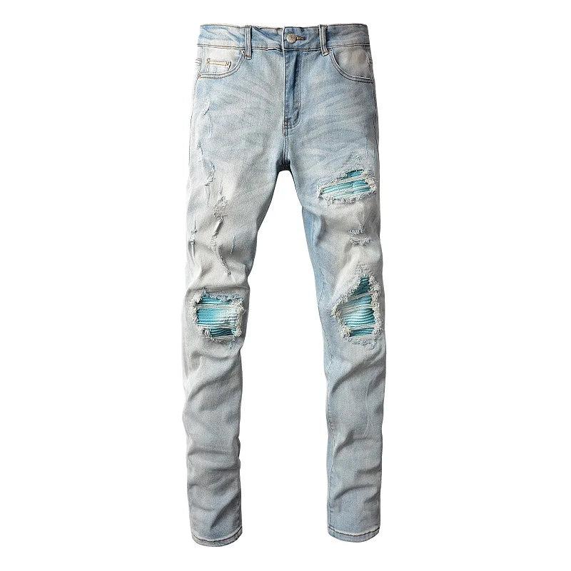 Men Cracked Pleated Patch Biker Jeans Streetwear Skinny Tapered Stretch Denim Pants Light Blue Ripped Trousers