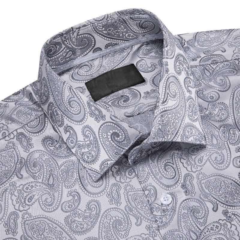 Mens Long Sleeve Grey Silver Shirts Jacquard Paisley Top Collar Casual Classic Menswear Elastic Polyester