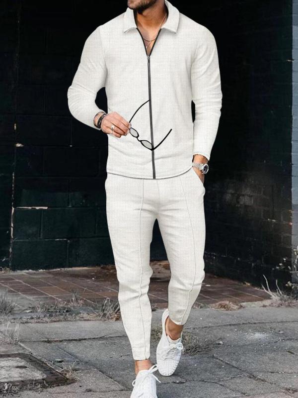 Men's Solid Zip Up Jacket & Pocket Pants Two-piece Set, Airport Outfits 2024, Regular Fit Casual Long Sleeve Collared Outerwear & Trousers for Spring & Fall, Men's Two-piece Outfits for Daily Wear, Fall Outfits, Fallfreshness, Fall Clothes 2024