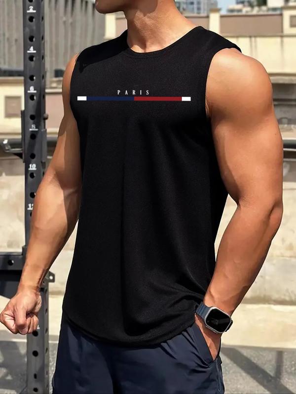 Men's Letter & Geometric Print Round Neck Tank Top, Regular Fit Casual Sleeveless Crew Neck Top for Summer, Fashion Men's Clothes for Daily Outdoor Wear