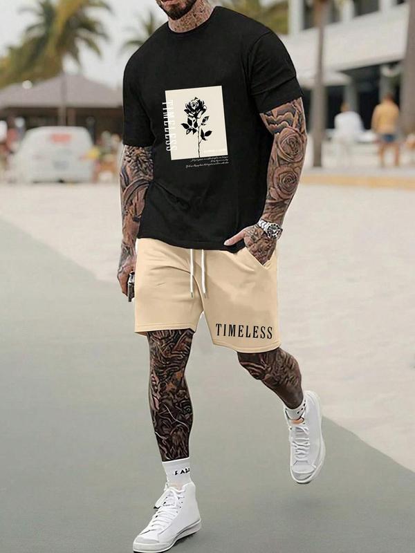 Men's Floral Print Drawstring Waist Shorts Set, Casual Short Sleeve T-shirt & Pocket Track Shorts for Summer, Fashion Cozy  Men  Outfits for Daily Wear