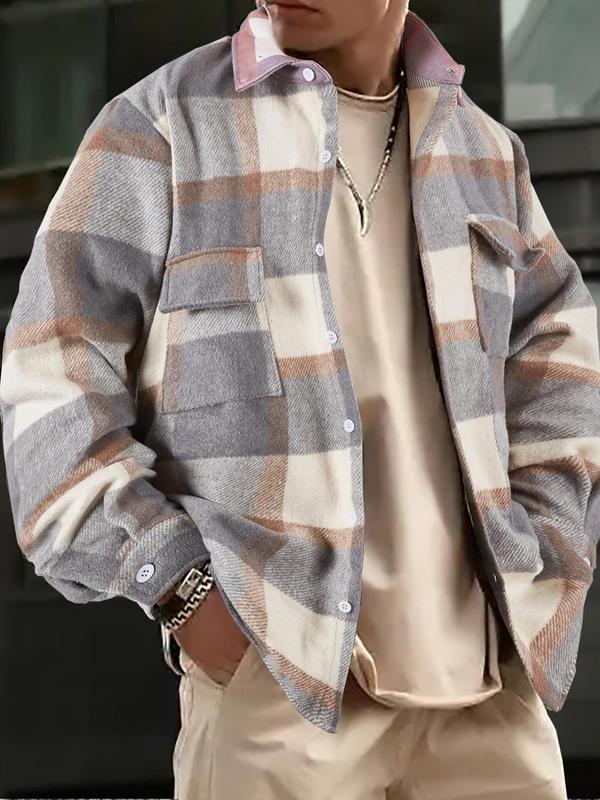 Men's Plaid Print Pocket Woolen Goods Shirt, Casual Streetwear Button Front Collared Coat for Spring & Fall, Men's Clothes for Daily Wear, Drippy Outfits, Office Outfit