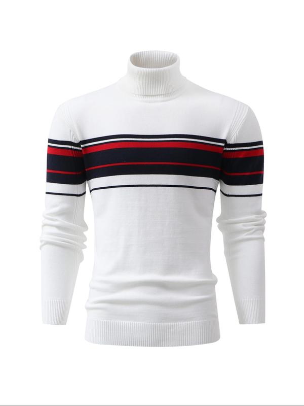 Men's Striped Print High Neck Sweater Pullover, Slim Casual Long Sleeve Jumper for Fall & Winter, Fashion Men's Knitwear for Daily Wear