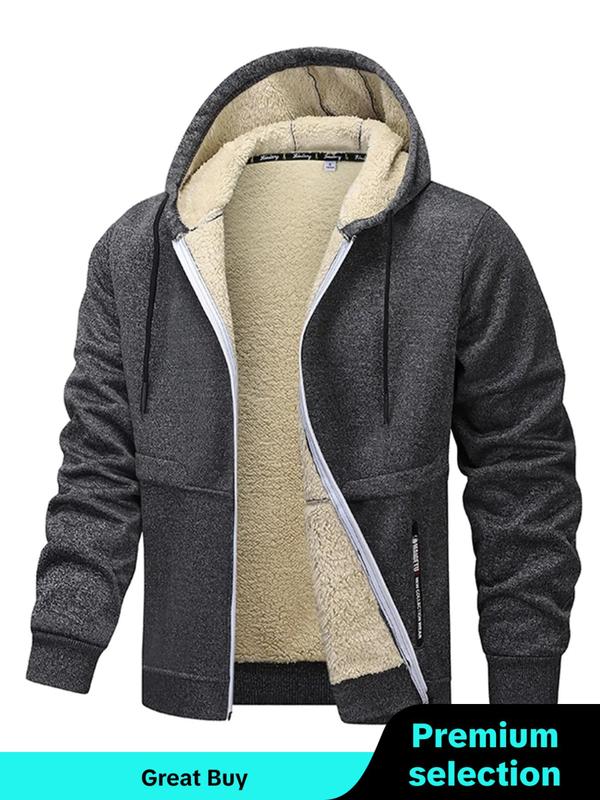 Men's Regular Fit Solid Pocket Drawstring Zipper Hooded Fleece Jacket, Casual Long Sleeve Thermal Lined Outerwear for Winter, Men's Clothes for Daily Wear, Winter Clothing Men