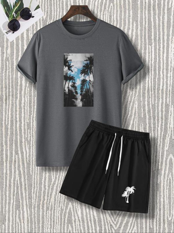 Men's Floral Print Drawstring Waist Shorts Set, Casual Short Sleeve T-shirt & Pocket Track Shorts for Summer, Fashion Cozy  Men  Outfits for Daily Wear