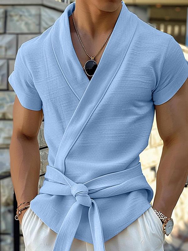 Men's Solid Belted Wrap V Neck Tee, Loose Casual Short Sleeve T-shirt for Summer, Fashion Streetwear Men's Top for Daily Wear