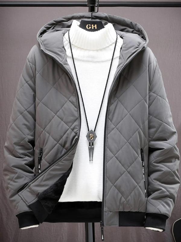 Men's Winter Jacket Pocket Zipper Hooded Quilted Jacket without Sweater & Necklace, Regular Fit Casual Long Sleeve Zip Front Outerwear for Fall & Winter, Men's Clothes for Daily Wear