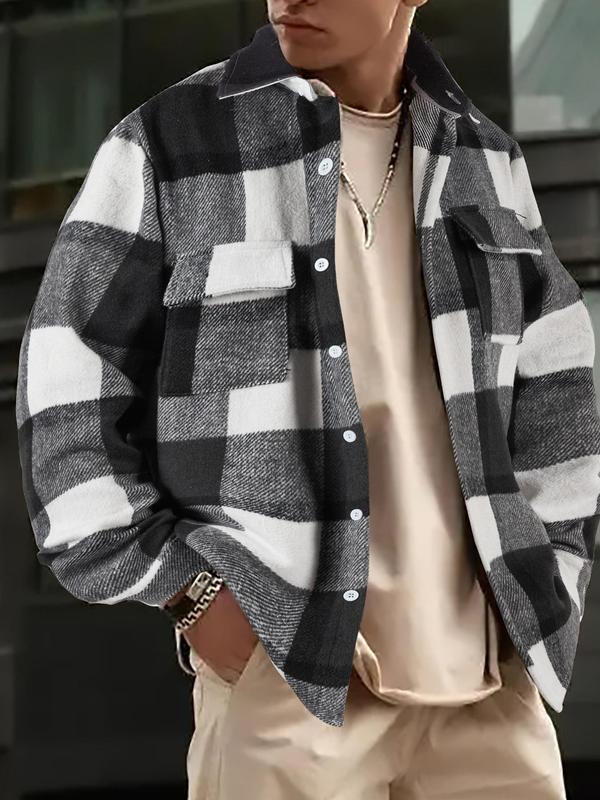 Men's Plaid Print Pocket Woolen Goods Shirt, Casual Streetwear Button Front Collared Coat for Spring & Fall, Men's Clothes for Daily Wear, Drippy Outfits, Office Outfit