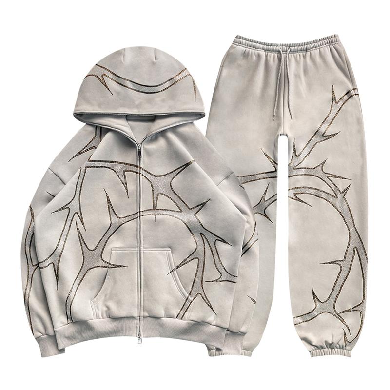 American New Men Women Street Hoodie Hot Drilling Fleece Long-Sleeve Zipper Hoodie Long Pants Sweatshirt Suit Leisure Sports 2 Piece Set