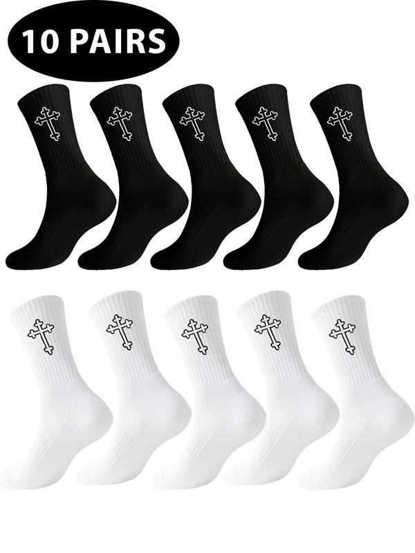 Men's Cross Embroidery Crew Socks, Casual Comfy Breathable Mid-calf Socks for Daily Wear, Men's Socks for All Seasons