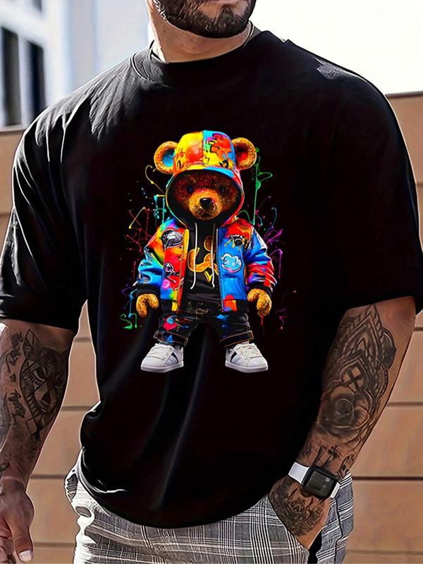 Men's Cartoon Bear Print Round Neck Tee, Regular Fit Casual Short Sleeve T-shirt, Men's Summer Top for Daily Wear