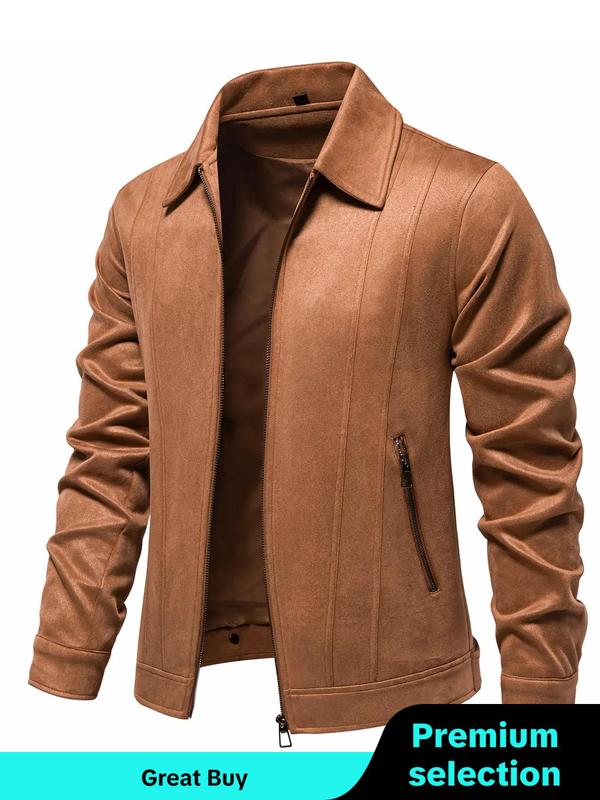 Men's Solid Pocket Zipper Suede Jacket, Regular Fit Casual Long Sleeve Collared Outerwear for Fall & Winter, Men's Clothes for Daily Wear Tops