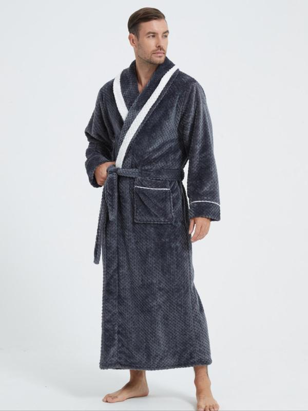 Men's Contrast Binding Belted Wrap Bathrobe, Casual Long Sleeve Pocket Design Lounge Robe, Men's Sleepwear for Fall & Winter, Fall Wear, Fallfreshness,  House Coat