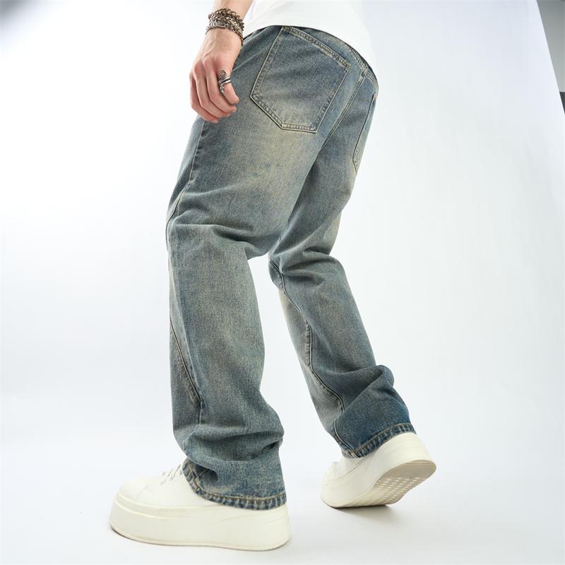 Wide-leg New Men Simple Style Spliced Design Loose Jeans Pants Stylish Men's Solid Casual Straight Denim Trousers Menswear Underwear