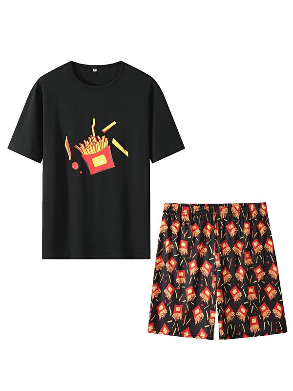 Two-Piece Set Men's Chips Print Pyjama Set, Casual Short Sleeve Tee & Elastic Waist Shorts Set, Comfy Men's Sleepwear Set for All Seasons