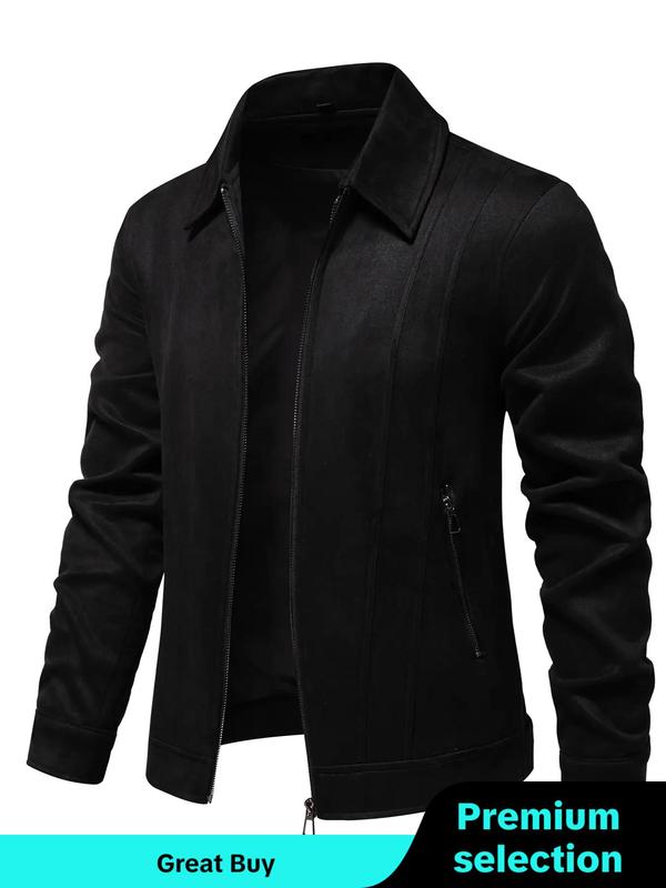 Men's Solid Pocket Zipper Suede Jacket, Regular Fit Casual Long Sleeve Collared Outerwear for Fall & Winter, Men's Clothes for Daily Wear Tops