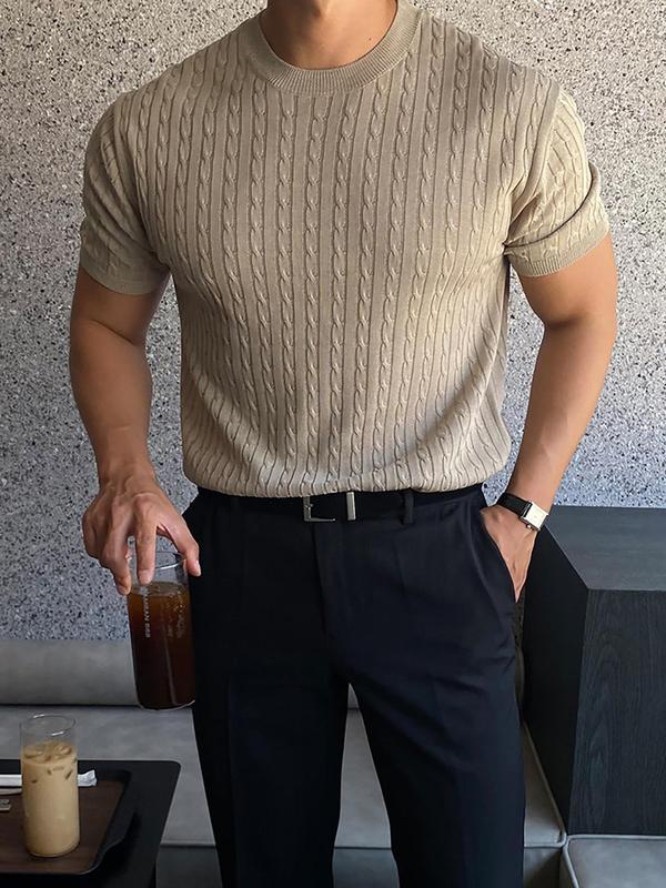 Men's Slim Solid Short Sleeve Knit Top, Casual Comfortable Round Neck Knitwear for Summer, Fashion Men's Streetwear Knit Clothing for Daily Wear