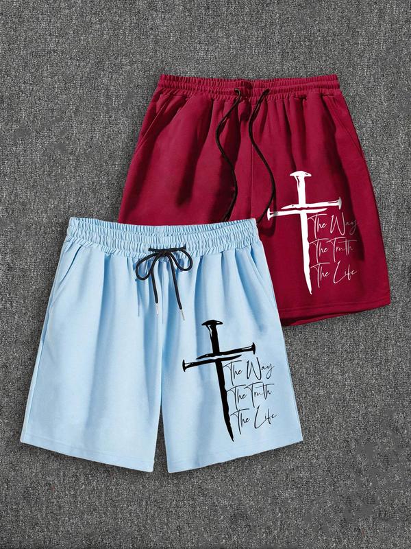 Men's Cross Letter Print Drawstring Waist Shorts, Casual Loose Pocket Track Shorts for Summer, Streetwear, Breathable Men's Bottoms for Daily Wear