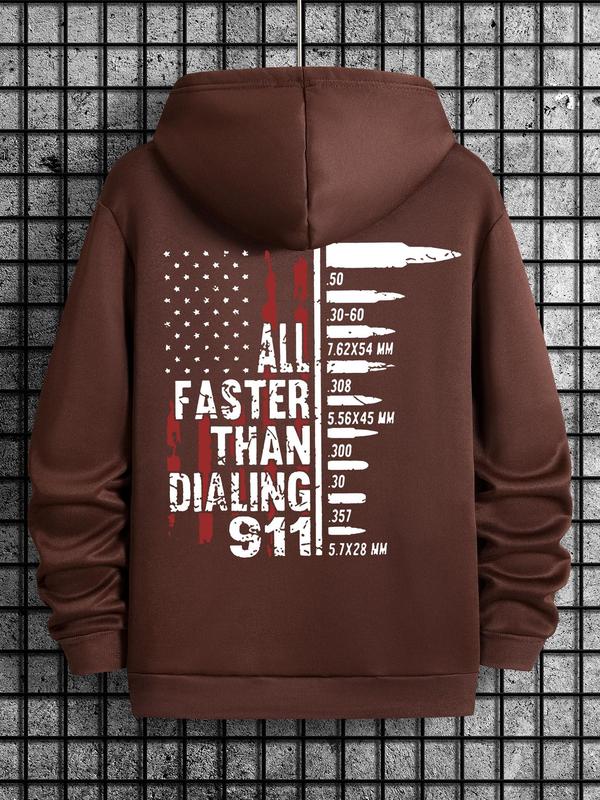 Men's Letter & Flag Print Drop Shoulder Long Sleeve Hoodie, Fall Outfits, Casual Regular Fit Graphic Drawstring Kangaroo Pocket Hooded Sweatshirt for Daily Holiday Outdoor Wear, Men Clothes for Spring & Fall