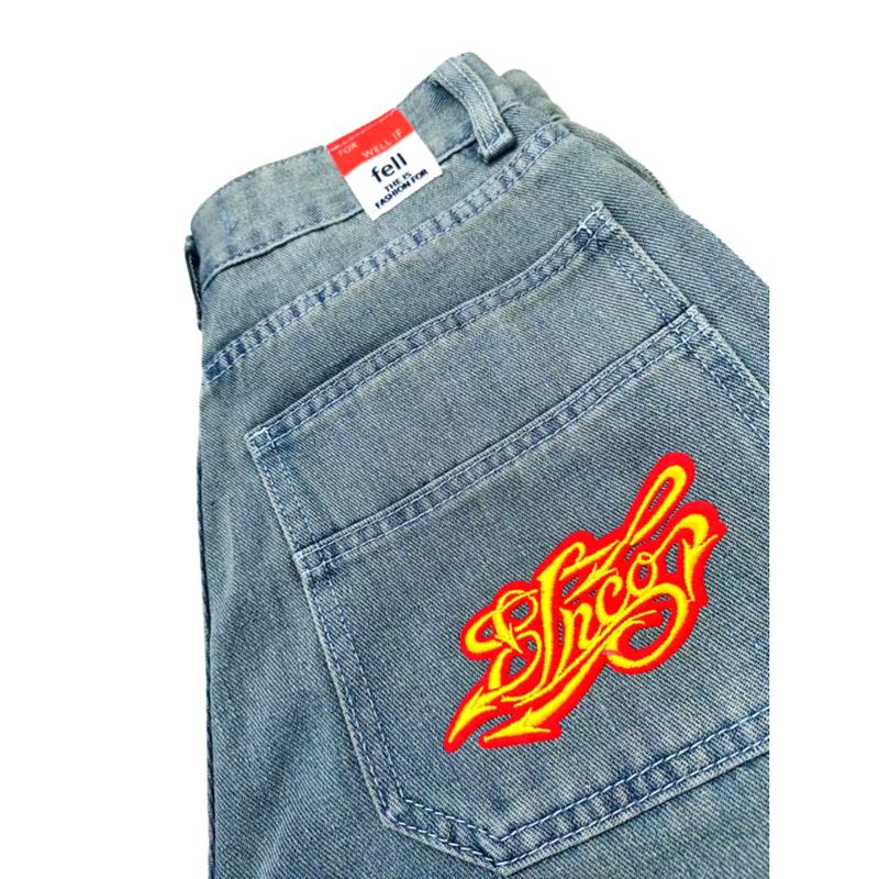 JNCO new jeans, street hip-hop embroidery loose jeans for men and women, retro low-waist skateboard pants Menswear Underwear