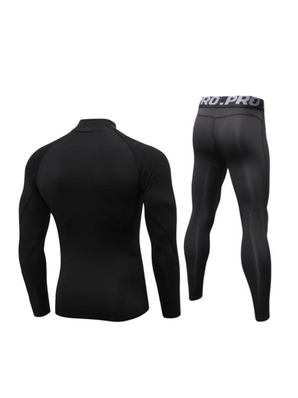 Men's Letter Print Mock Neck Thermal Underwear Set, Casual Comfy Raglan Sleeve Top & Leggings, Men's Thermal Underwear for Fall & Winter