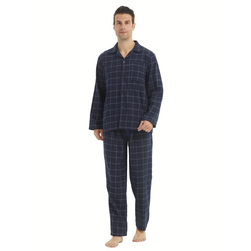 Mens Simple Style Casual Pajamas Sets Warm Flannel Lounge Wear, Plaid Long Sleeve Lapel Neck Shirt & Loose Pants Home Pajamas Sets, Outdoor Sets For Autumn And Winter