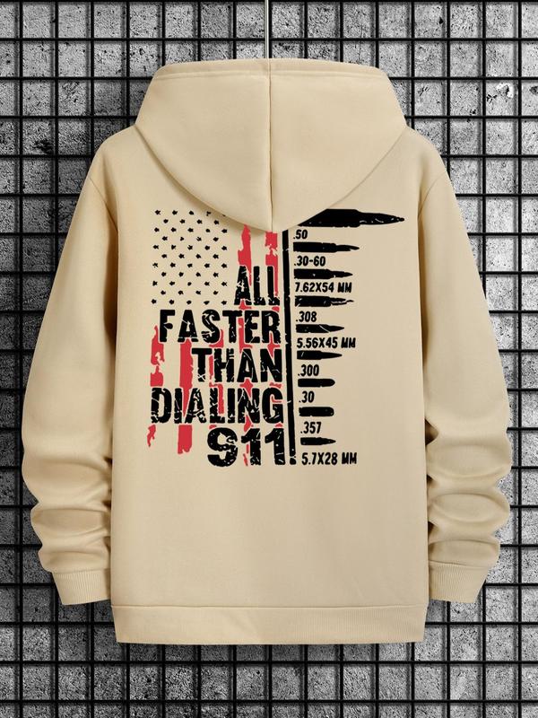 Men's Letter & Flag Print Drop Shoulder Long Sleeve Hoodie, Fall Outfits, Casual Regular Fit Graphic Drawstring Kangaroo Pocket Hooded Sweatshirt for Daily Holiday Outdoor Wear, Men Clothes for Spring & Fall