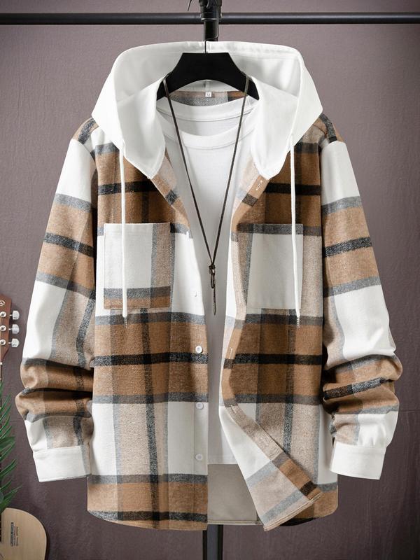 Men's Plaid Print Button Front Drawstring Hooded Jacket, Casual Regular Fit Long Sleeve Pocket Outerwear for Fall & Winter, Men's Clothes for Daily Wear