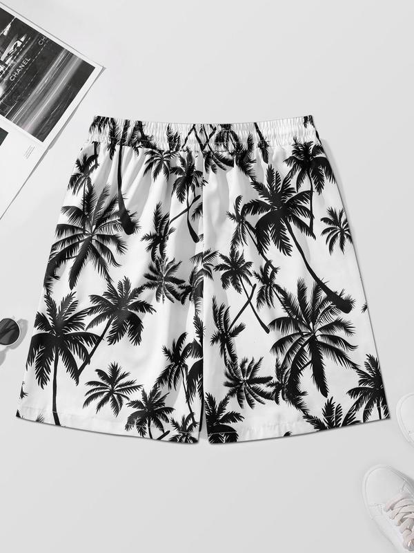 Men's Regular Fit Tropical Coconut Tree Print Drawstring Waist Shorts, Casual Pocket Wide Leg Shorts For Summer, Beach Vacation Shorts For Men