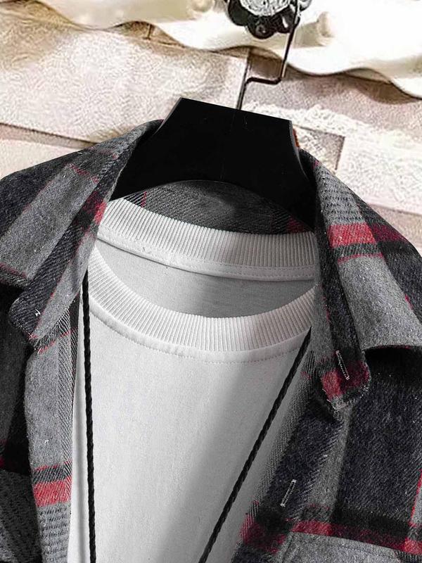 Men's Plaid Print Button Front Shirt Jacket, Regular Fit Casual Long Sleeve Collared Outerwear for Winter, Men's Clothes for Daily Wear