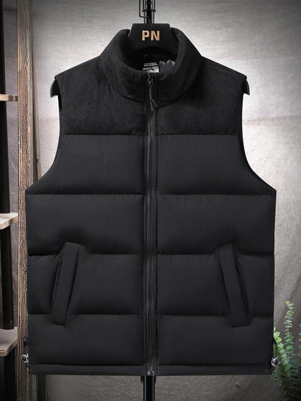 Men's Solid Zip Up Pocket Corduroy Vest Jacket, Regular Fit Casual Stand Collar Sleeveless Outerwear for Fall & Winter, Men's Clothes for Daily Wear