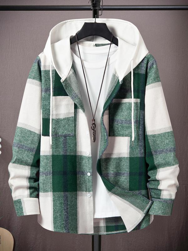 Men's Plaid Print Button Front Drawstring Hooded Jacket, Casual Regular Fit Long Sleeve Pocket Outerwear for Fall & Winter, Men's Clothes for Daily Wear