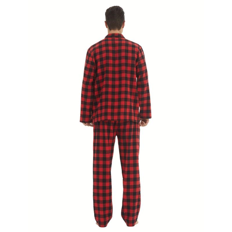 Mens Simple Style Casual Pajamas Sets Warm Flannel Lounge Wear, Plaid Long Sleeve Lapel Neck Shirt & Loose Pants Home Pajamas Sets, Outdoor Sets For Autumn And Winter