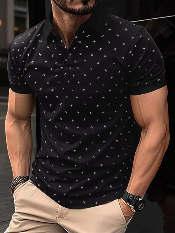 Men's All Over Print Short Sleeve Polo Neck Tee, Casual Regular Fit Short Sleeve T-Shirt for Summer, Fashion Men's Top for Daily Wear