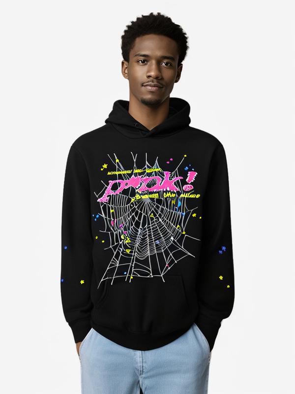 Fashionable Spider Web Hooded Sweatshirt Couple Printed Sweatshirt Hip Hop Streetwear Casual Hoodie Long Sleeve Sweatshirt Suitable for Men and Women