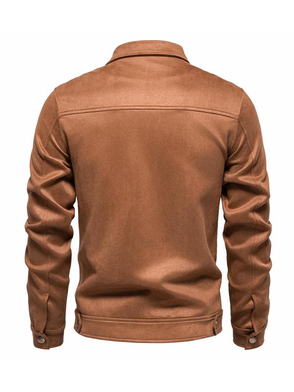 Men's Solid Pocket Zipper Suede Jacket, Regular Fit Casual Long Sleeve Collared Outerwear for Fall & Winter, Men's Clothes for Daily Wear Tops