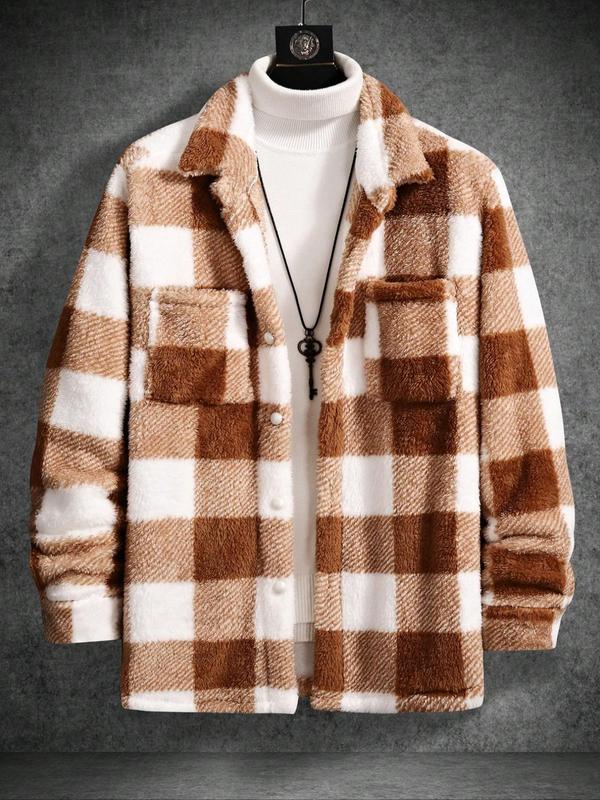 Men's Plaid Pattern Button Front Plush Jacket, Casual Drop Shoulder Long Sleeve Outerwear for Fall & Winter, Winter Outfits 2024, Men's Clothes for Daily Wear, Vintage Clothing, 80s Fashion Winter Jacket