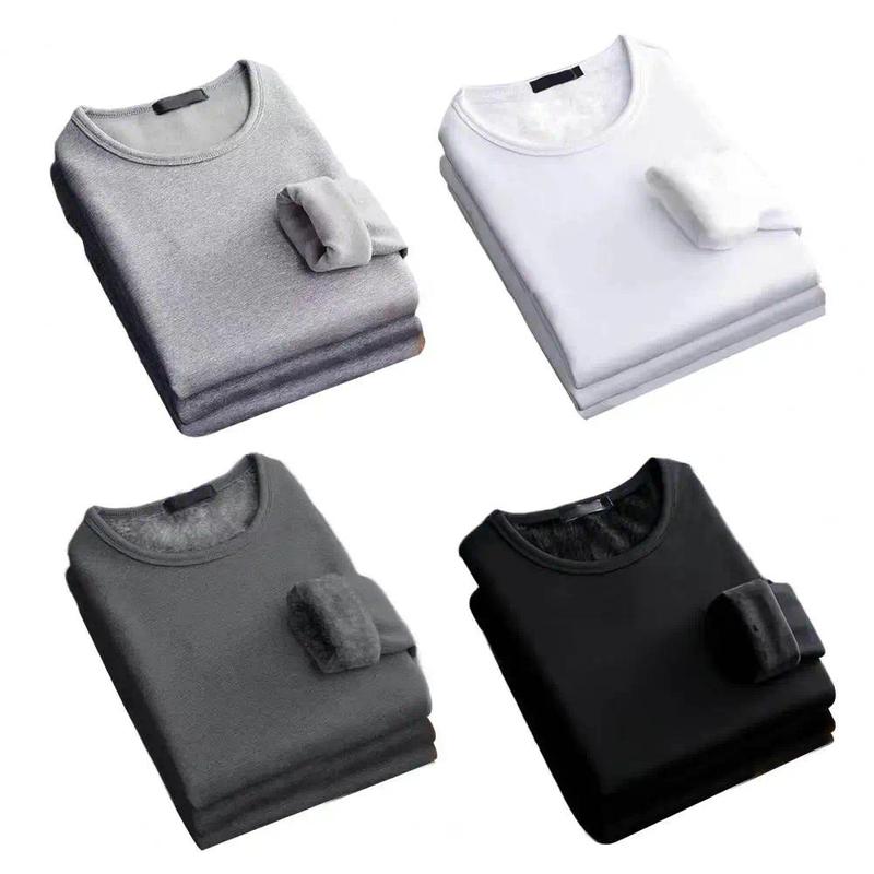 Winter  Men's Long-sleeved Thermal Underwer T-Shirt Fleece Bottoming Shirt Round Neck Shirt Fashion Plus Velvet Padded T-shirt