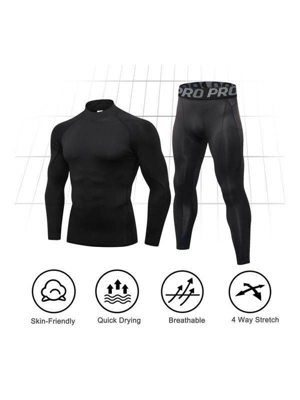 Men's Letter Print Mock Neck Thermal Underwear Set, Casual Comfy Raglan Sleeve Top & Leggings, Men's Thermal Underwear for Fall & Winter