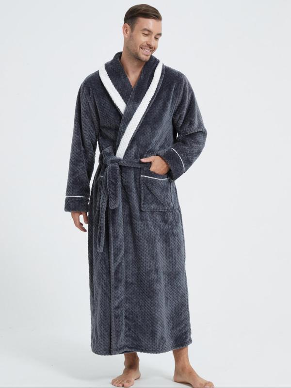 Men's Contrast Binding Belted Wrap Bathrobe, Casual Long Sleeve Pocket Design Lounge Robe, Men's Sleepwear for Fall & Winter, Fall Wear, Fallfreshness,  House Coat