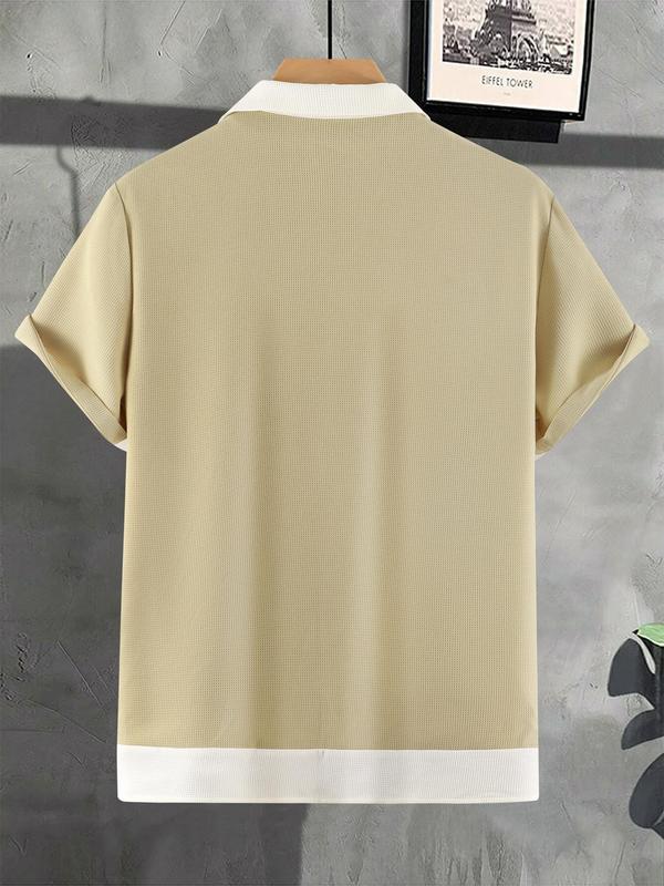 Men's Colorblock Textured Lapel Collar Button Front Shirt, Summer Clothes, Regular Fit Contrast Binding Short Sleeve Top for Summer, Streetwear, Casual Men's Clothes for Daily Wear