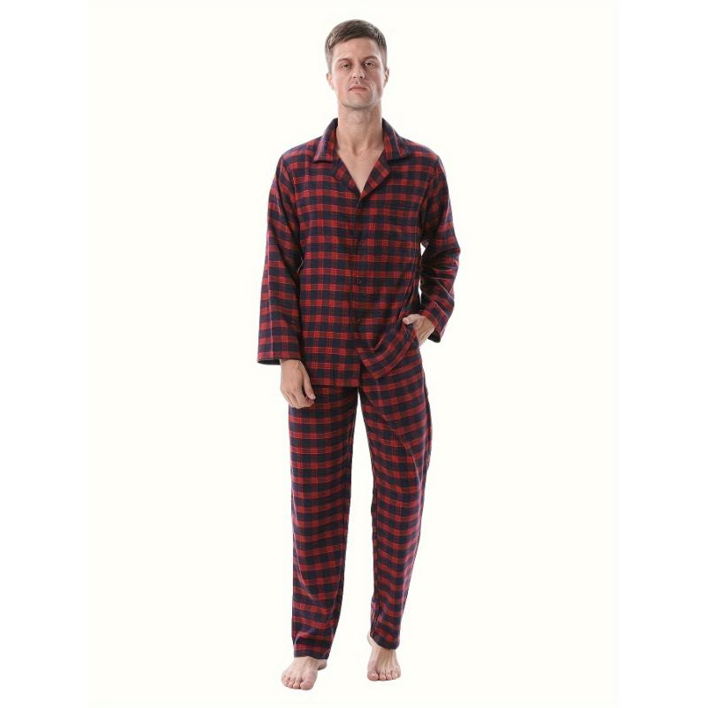 Mens Simple Style Casual Pajamas Sets Warm Flannel Lounge Wear, Plaid Long Sleeve Lapel Neck Shirt & Loose Pants Home Pajamas Sets, Outdoor Sets For Autumn And Winter