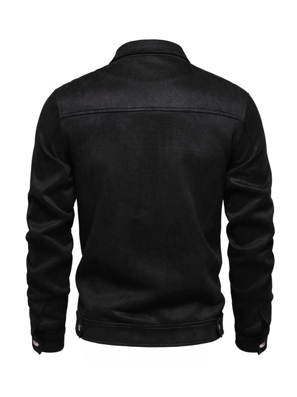 Men's Solid Pocket Zipper Suede Jacket, Regular Fit Casual Long Sleeve Collared Outerwear for Fall & Winter, Men's Clothes for Daily Wear Tops