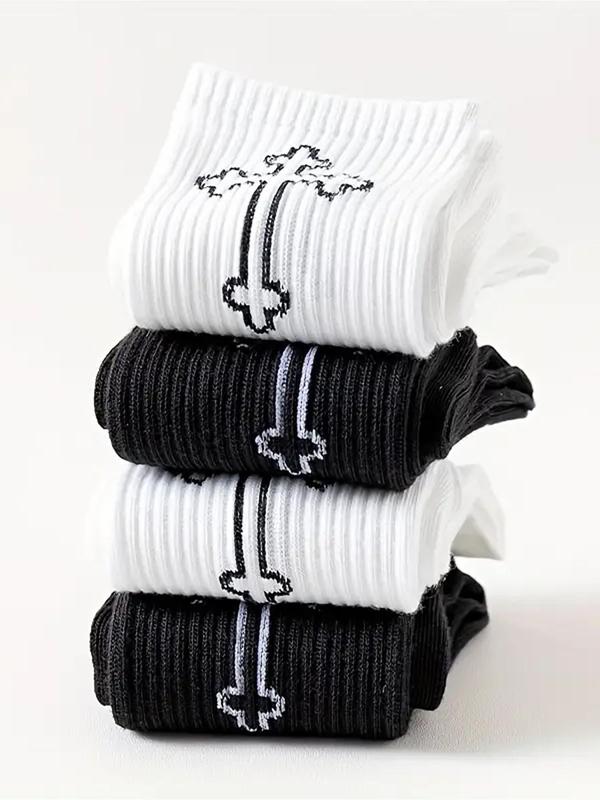 Men's Cross Embroidery Crew Socks, Casual Comfy Breathable Mid-calf Socks for Daily Wear, Men's Socks for All Seasons