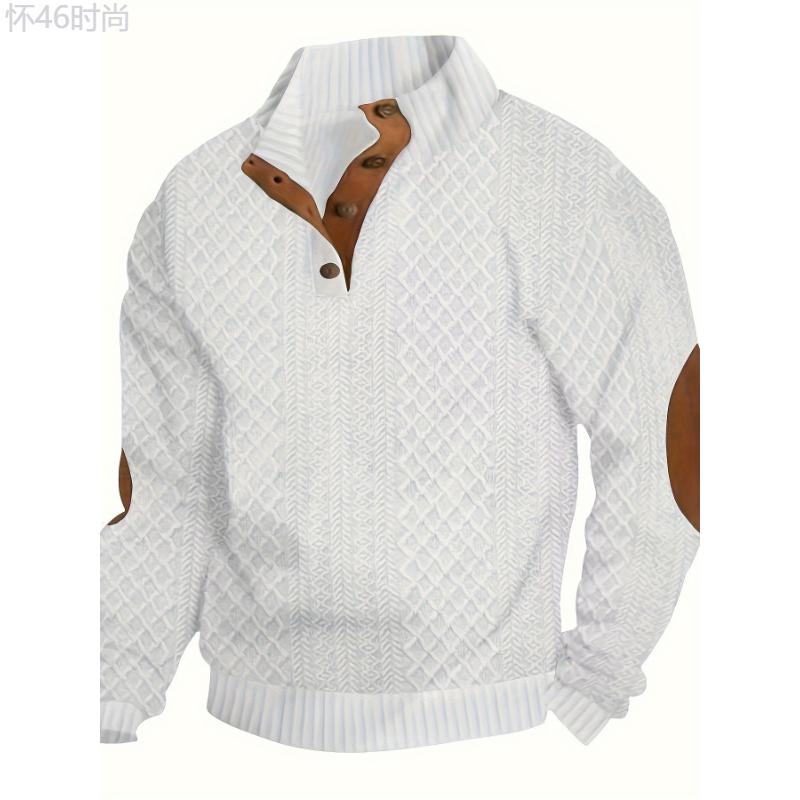 Men's Classic Jacquard Stand Collar Pullover Sweater - Casual Long Sleeve Knit Top for Fall Winter, Polyester Fabric Knitwear