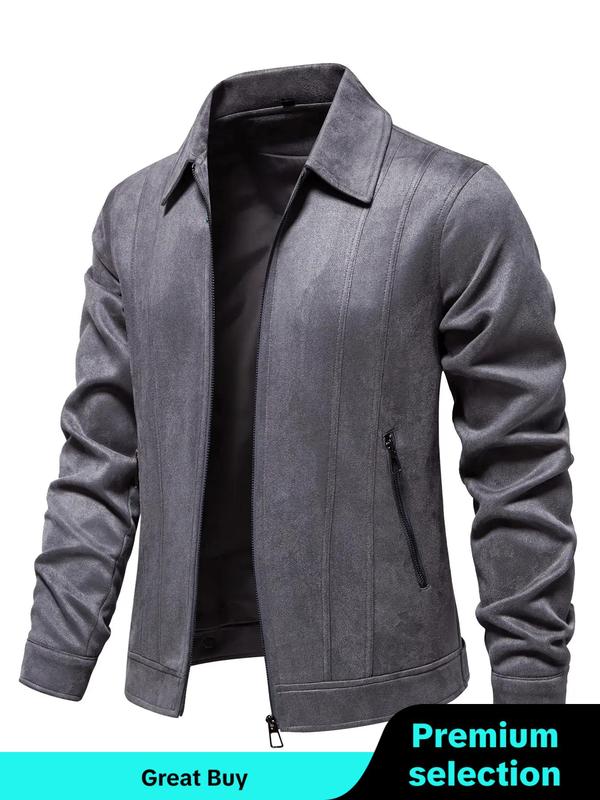 Men's Solid Pocket Zipper Suede Jacket, Regular Fit Casual Long Sleeve Collared Outerwear for Fall & Winter, Men's Clothes for Daily Wear Tops